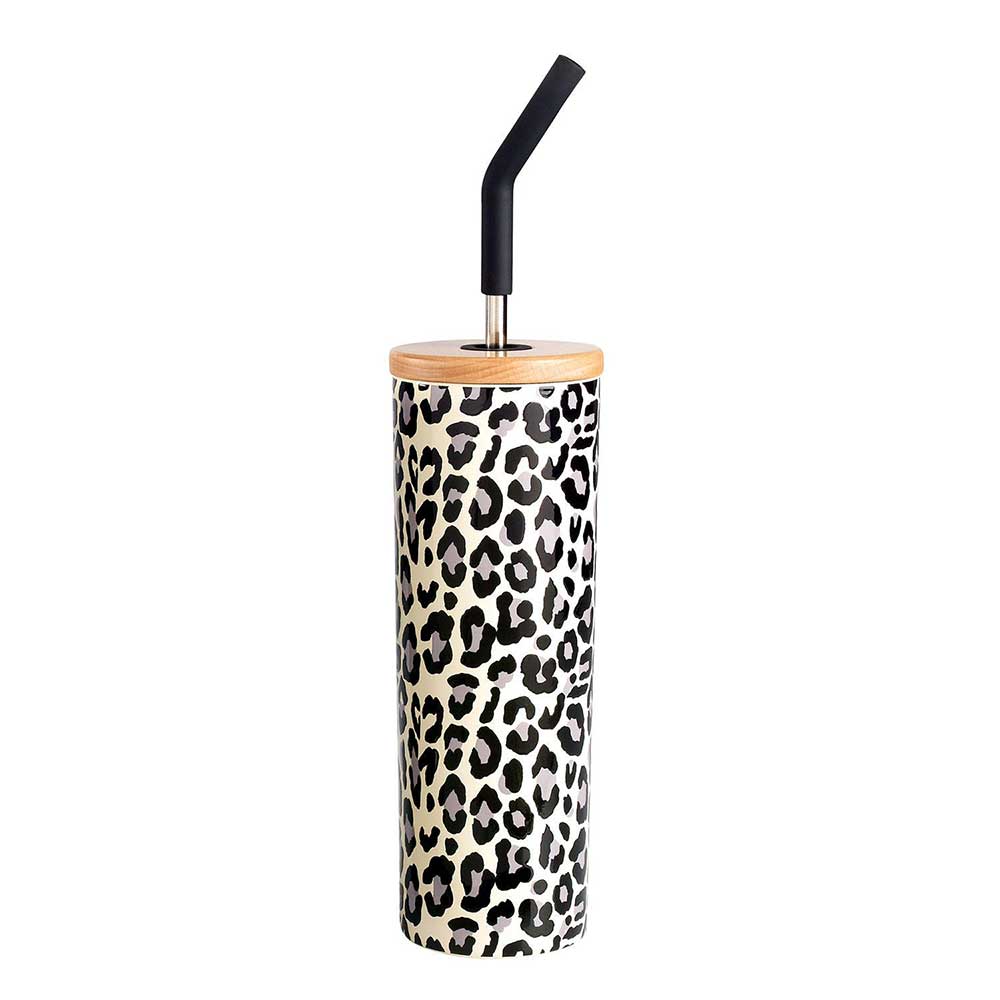 Ly giữ nhiệt Member's Mark Tumbler With Wood Lids And Stainless Steel Straws - Cheetah, 710ml