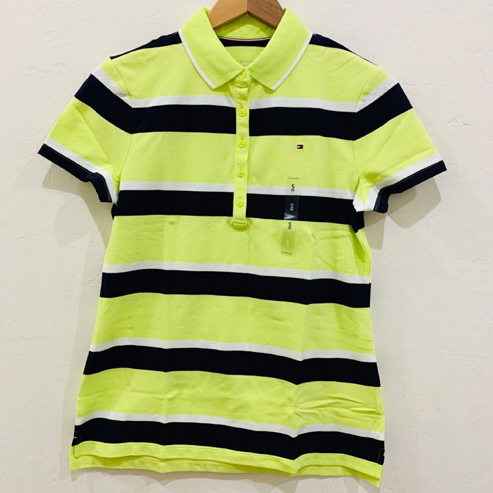 Tommy Hilfiger Classic Fit Stripe Polo Shirt - White/ Black/ Neon Lime, Size S