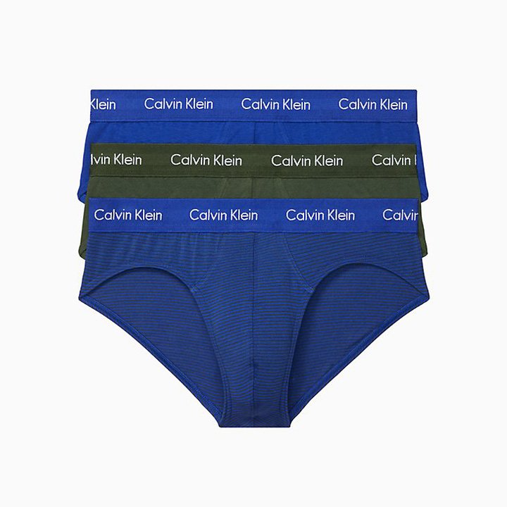 Set 3 Calvin Klein Cotton Stretch Hip Brief - Estate Blue/ Jungle/ Striped, Size S
