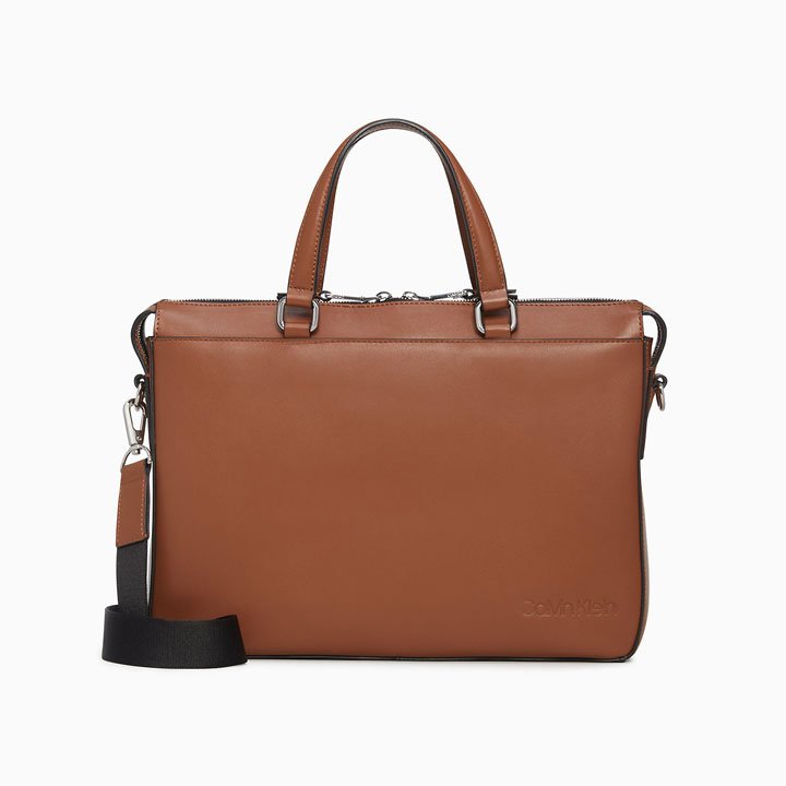 Túi Calvin Klein Refined Leather Slim Briefcase, Cognac