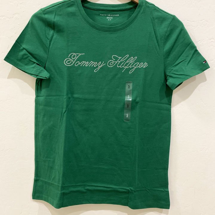Áo Tommy Hilfiger Beaded Script Logo T-Shirt -  Green, Size XS