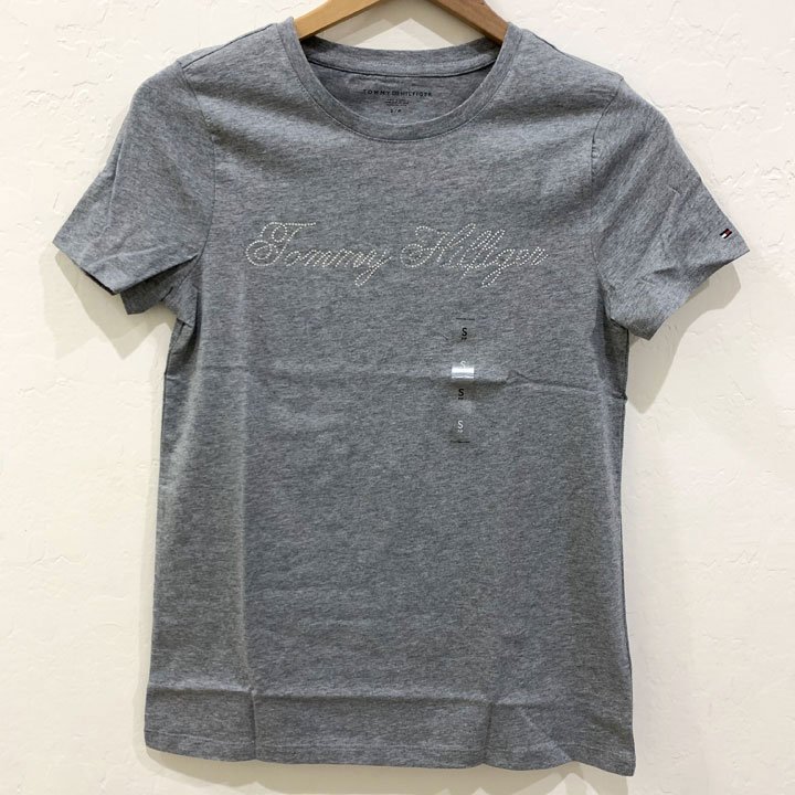 Áo Tommy Hilfiger Beaded Script Logo T-Shirt - Grey, Size XS