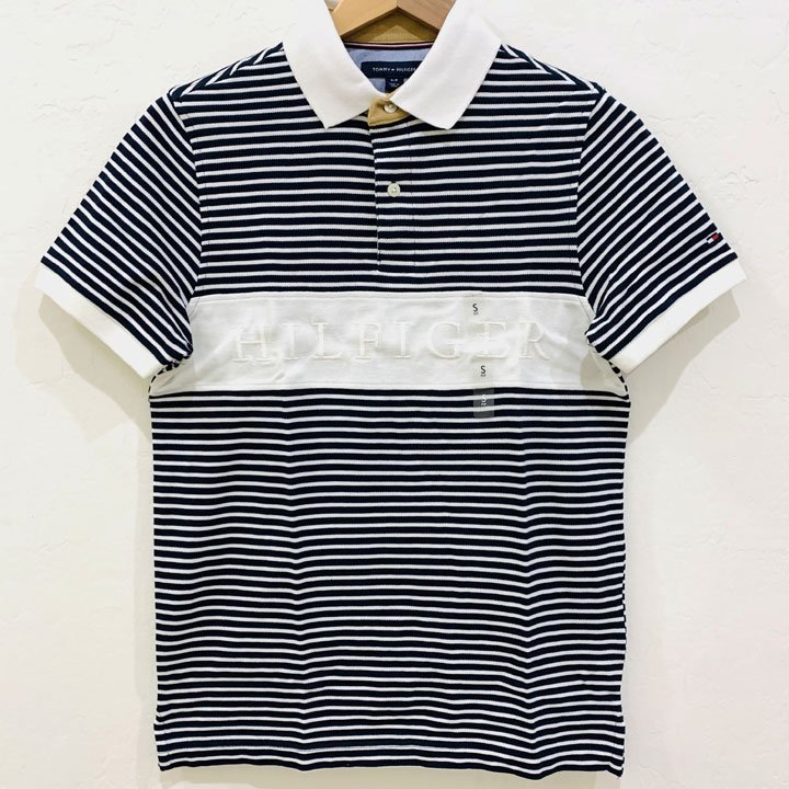 Áo Tommy Hilfiger Slim Fit Stripe Polo Shirt - White/ Dark Navy, Size L