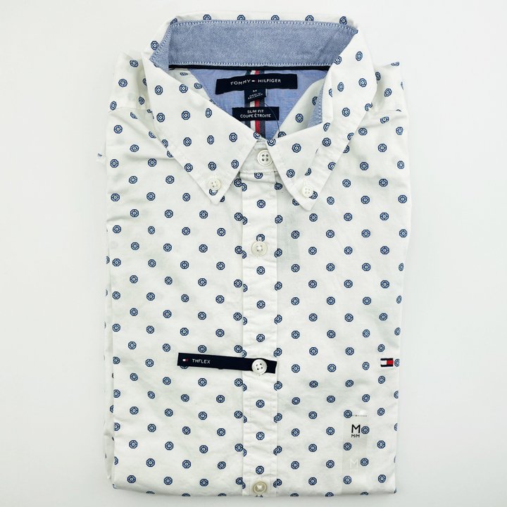 Áo Tommy Hilfiger Slim Fit Print Shirt - White/ Blue, Size XS