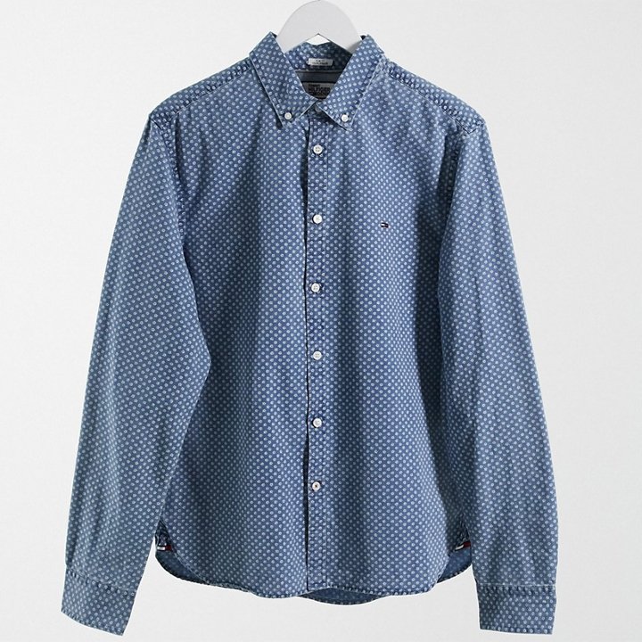Áo Tommy Hilfiger Denim Slim Fit Micro Flower Cotton Shirt - Light Blue, Size L