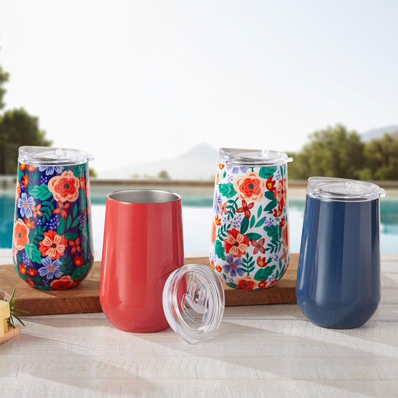 Set ly giữ nhiệt Member's Mark Stainless Steel Insulated Vacuum with Lids - Blue Floral, 4 x 473ml