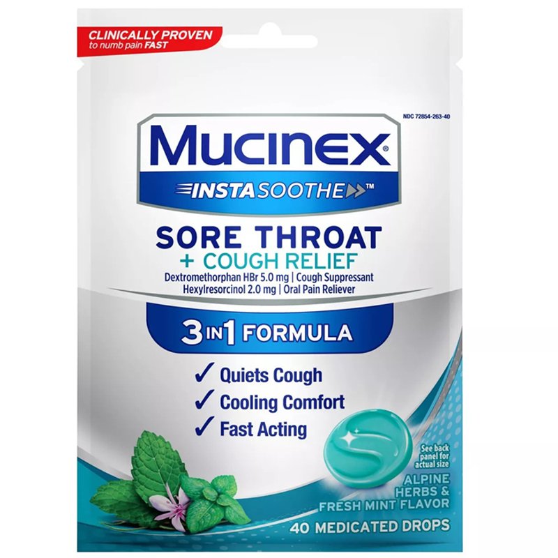 Kẹo ngậm Mucinex Instasoothe Sore Throat + Cough Relief, Alpine Herb & Fresh Mint, 40 viên