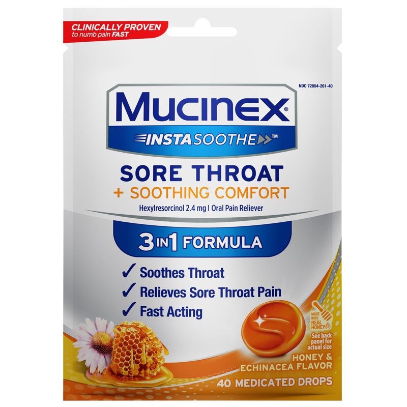Kẹo ngậm Mucinex Instasoothe Sore Throat + Soothing Comfort, Honey & Echinacea, 40 viên