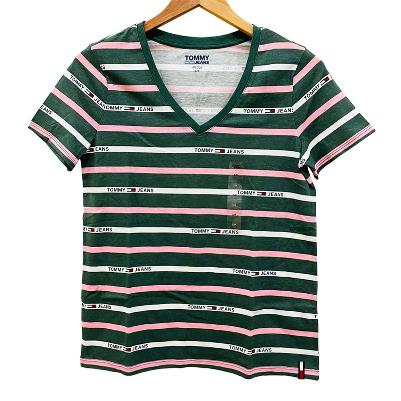 Áo Tommy Jeans Logo V-Neck T-Shirt - Green/White/Pink, Size XS