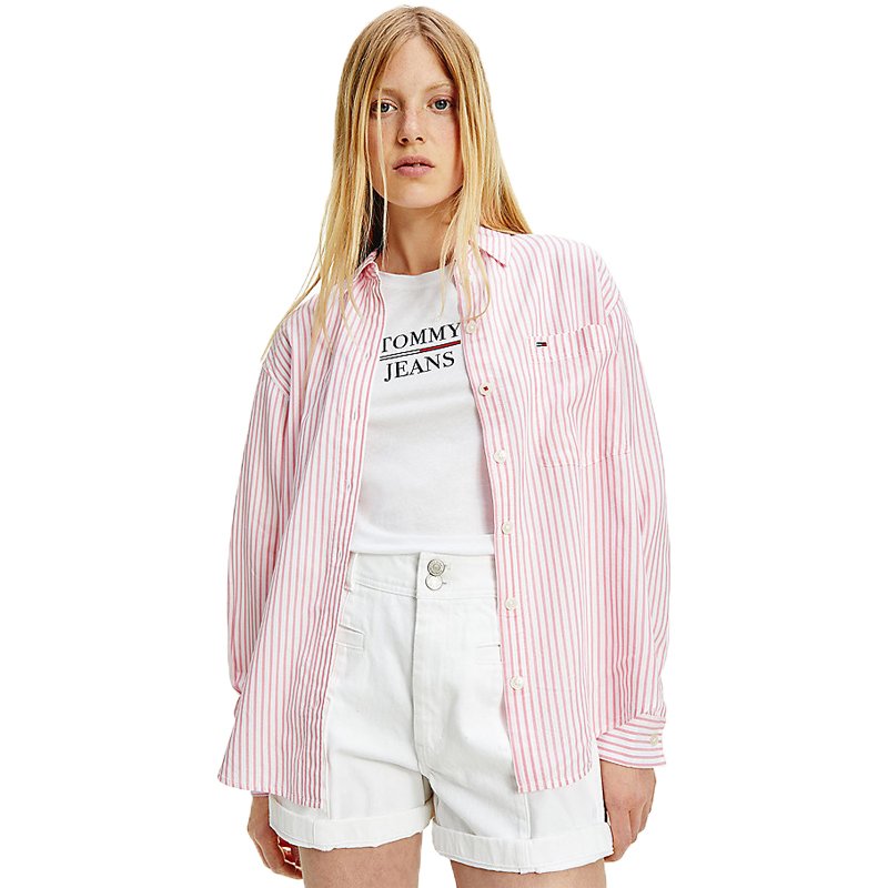 Áo Tommy Hilfiger Relaxed Fit Stripe Shirt - White/Pink, Size M