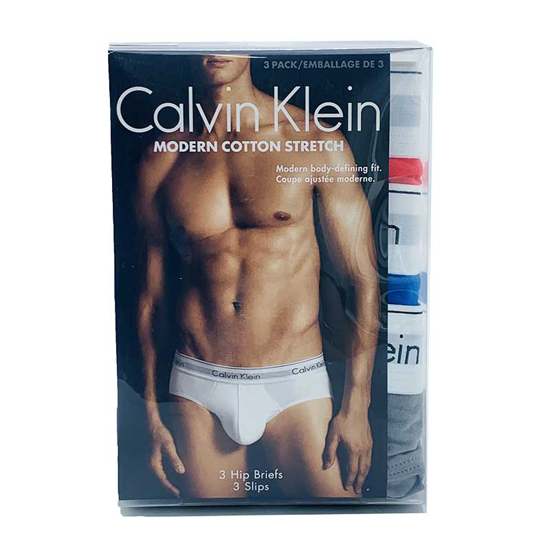 Set 3 Calvin Klein Modern Cotton Stretch Hip Brief - Blue/Grey/Orange, Size S
