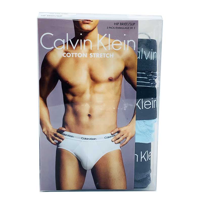 Set 3 Calvin Klein Cotton Stretch Hip Brief - Sky/Grey/Stripe, Size M