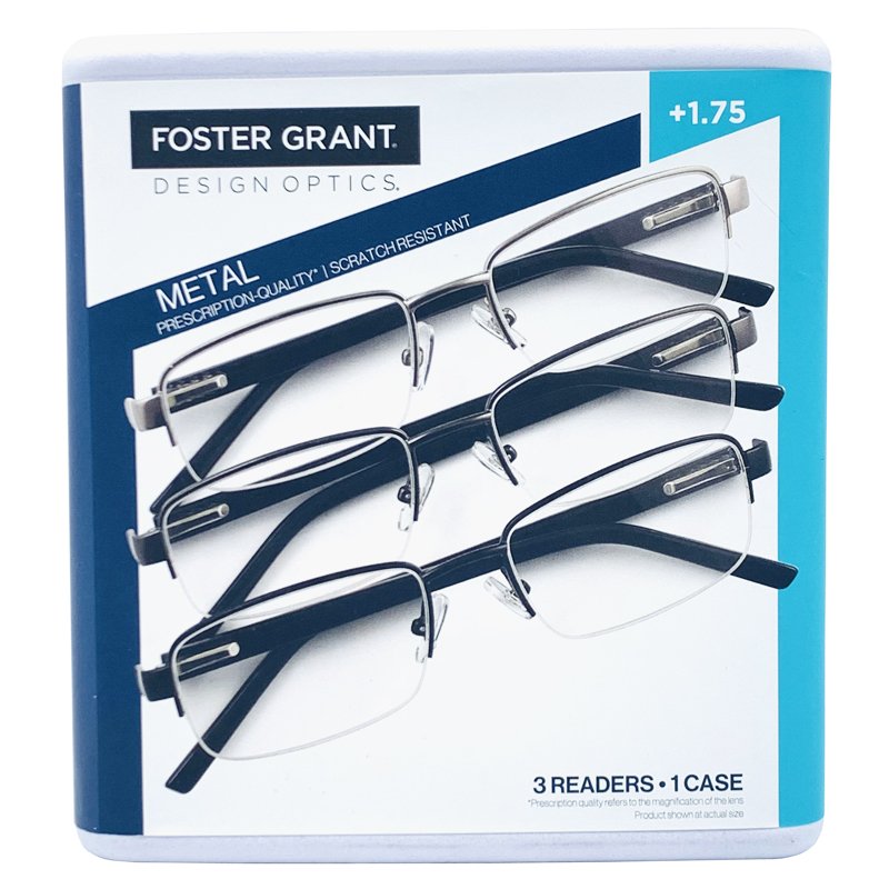 Set 3 gọng kính Foster Grant Design Optics Metal +1.75, Black/Grey/Silver