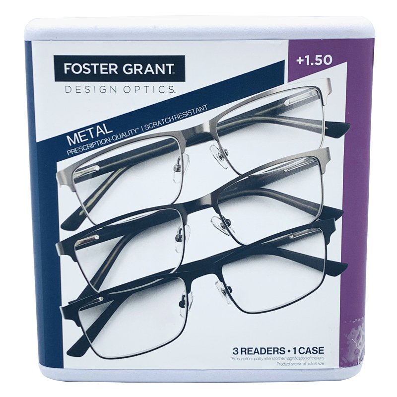 Set 3 gọng kính Foster Grant Design Optics Metal +1.50, Black/Grey/Silver