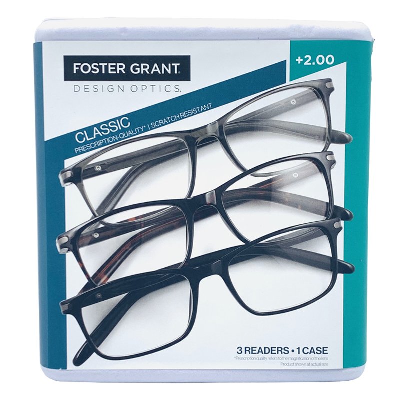 Set 3 gọng kính Foster Grant Design Optics Classic +2.00, Black/Grey/Brown