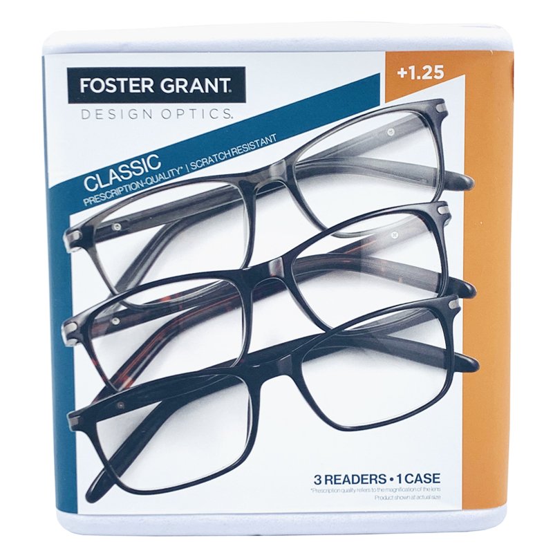 Set 3 gọng kính Foster Grant Design Optics Classic +1.25, Black/Grey/Brown