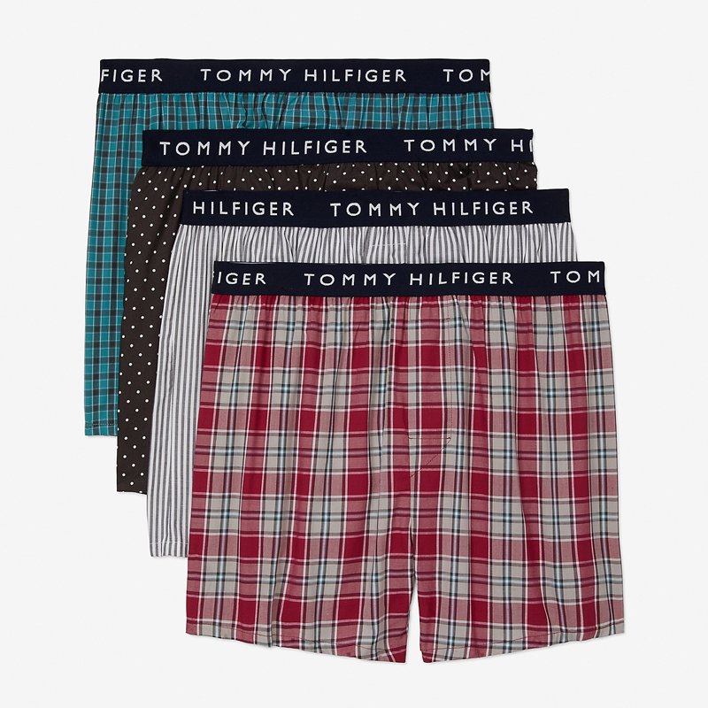 Set 4 quần Tommy Hilfiger Cotton Woven Boxers - Red/Grey/Green Multi, Size M