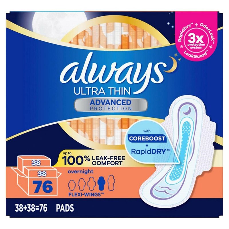 Băng vệ sinh Always Ultra Thin 3X Advanced Protection Overnight With Wings, 76 miếng