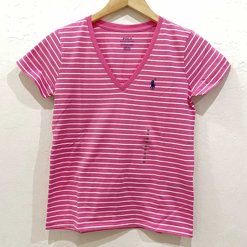 Áo Polo Ralph Lauren V-neck Feeder Stripe T-Shirt - Pink/White, Size XS