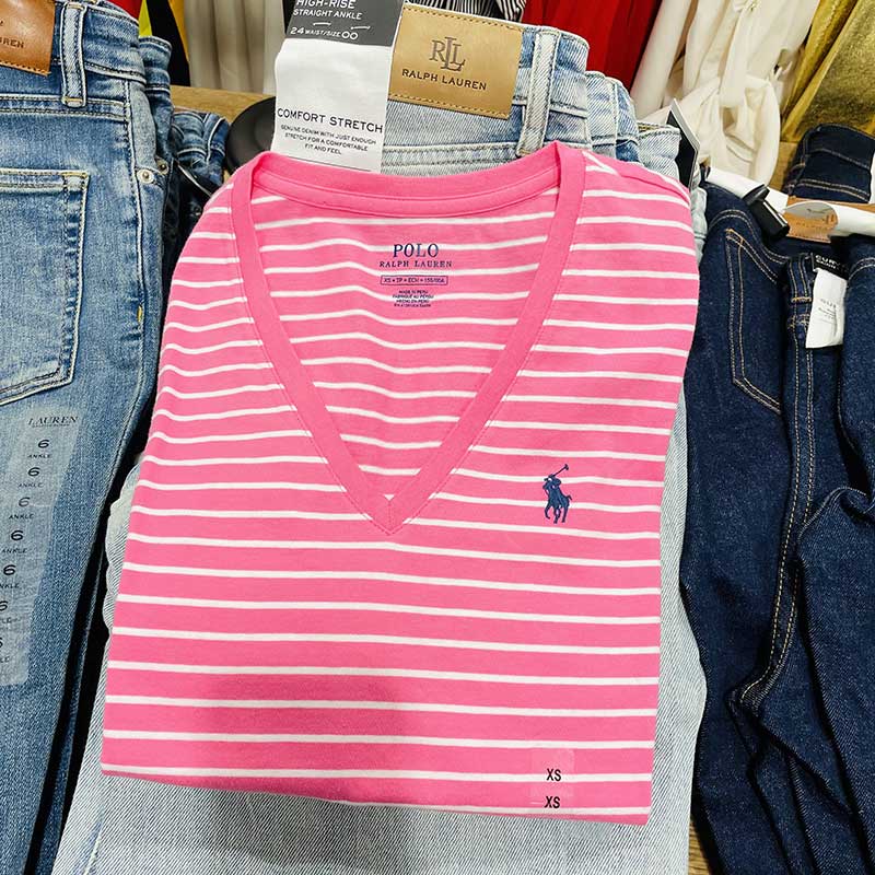 Áo Polo Ralph Lauren V-neck Feeder Stripe T-Shirt - Pink/White, Size XS -  Shop Mùa Xuân