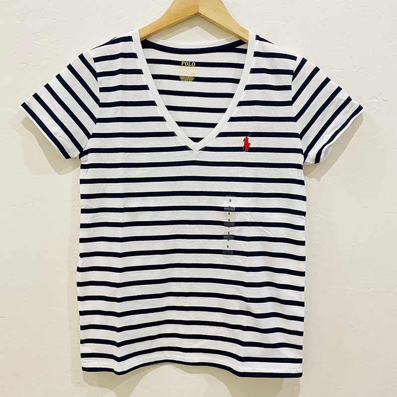 Áo Polo Ralph Lauren V-neck Feeder Stripe T-Shirt - White/Navy, Size L