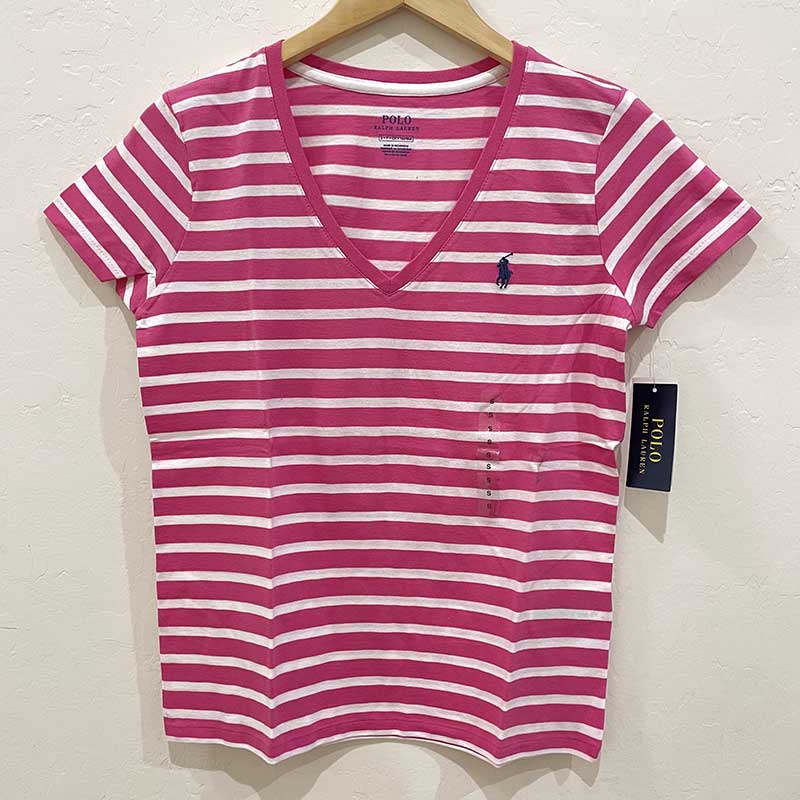 Áo Polo Ralph Lauren V-neck Feeder Stripe T-Shirt - White/Pink, Size XS