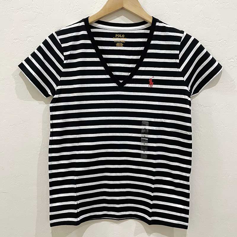 Áo Polo Ralph Lauren V-neck Feeder Stripe T-Shirt - White/Black, Size S