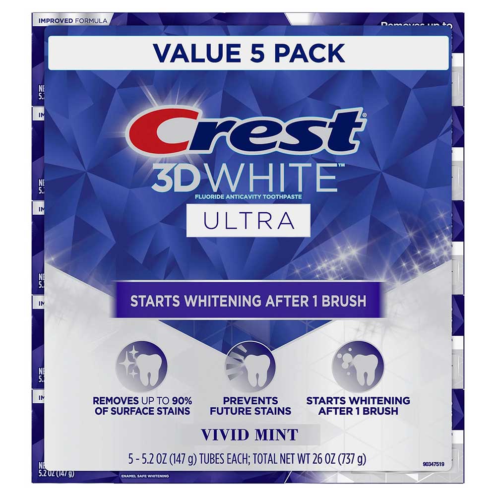 Set kem đánh răng Crest 3D White Ultra Whitening 3in1 Benefit - Vivid Mint, 5 x 147g
