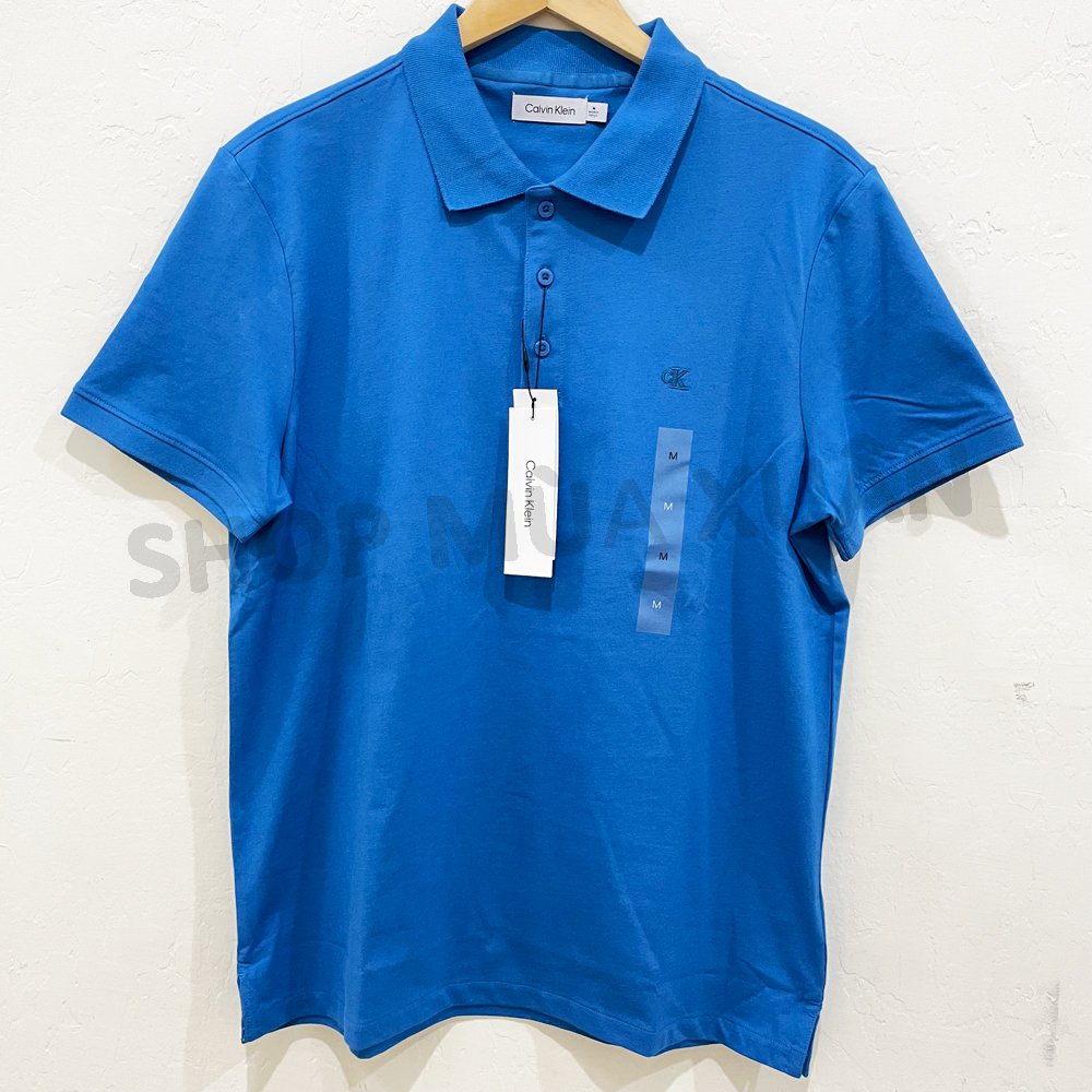Áo Calvin Klein Smooth Cotton Monogram Logo Polo Shirt - Blue, Size L