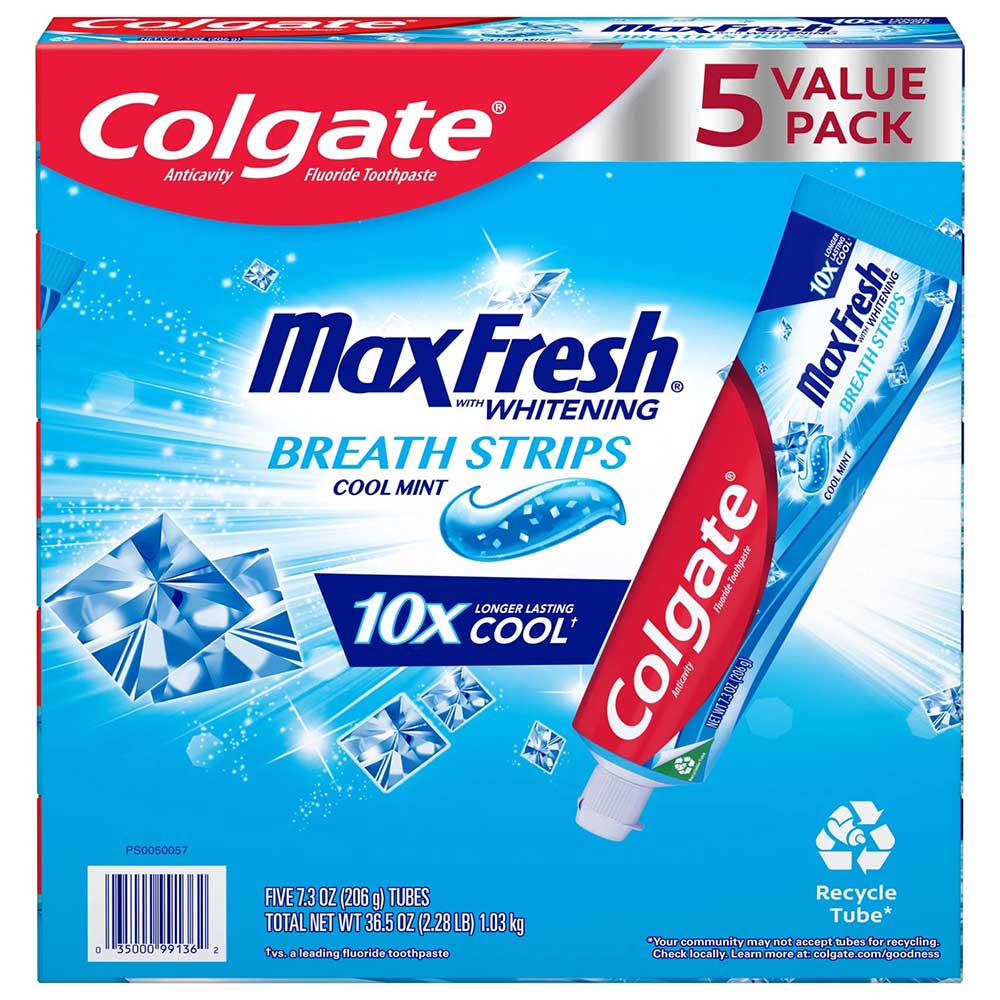 Set kem đánh răng Colgate Max Fresh With Whitening Breath Strips, 5 x 206g