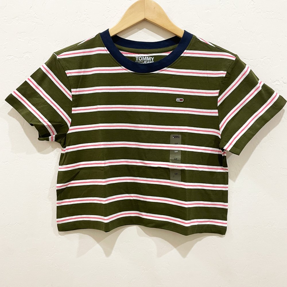 Áo Tommy Jeans Cropped Stripe Baby T-Shirt - Green, Size S