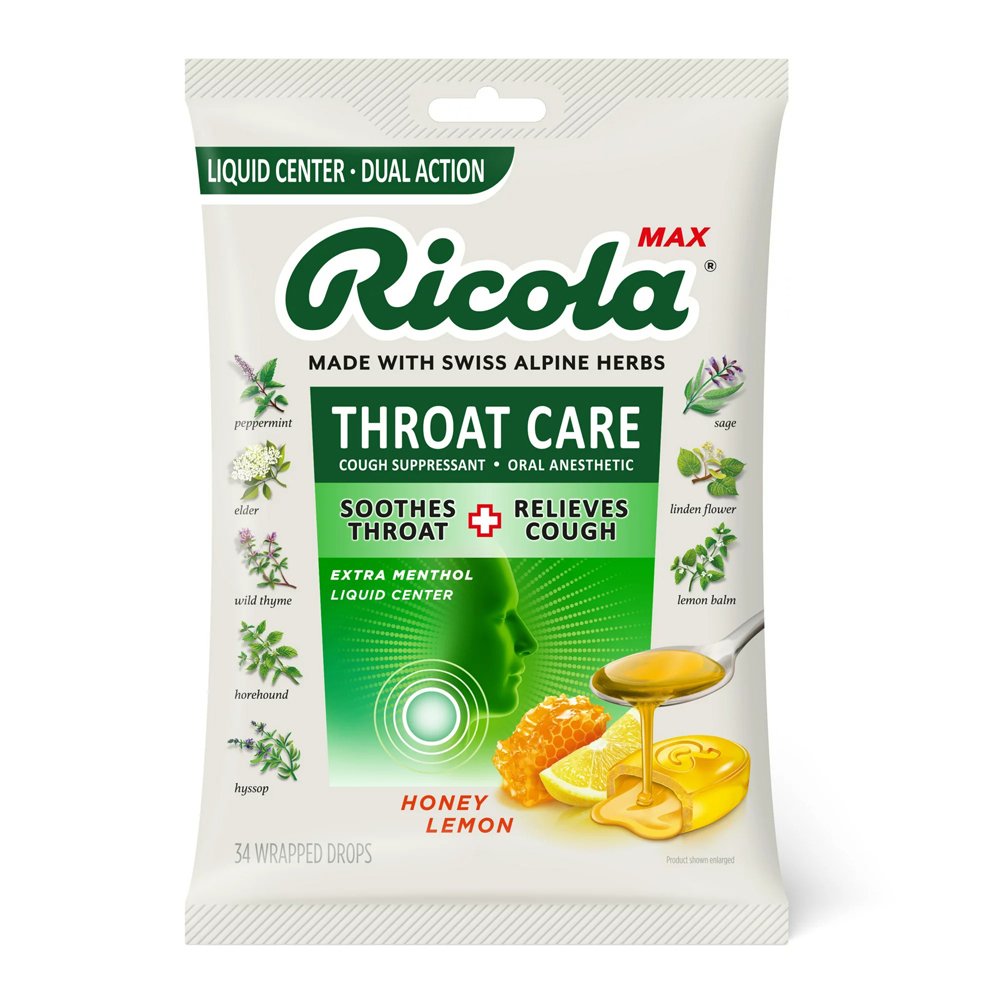 Kẹo ngậm Ricola Max Throat Care - Honey Lemon, 34 viên