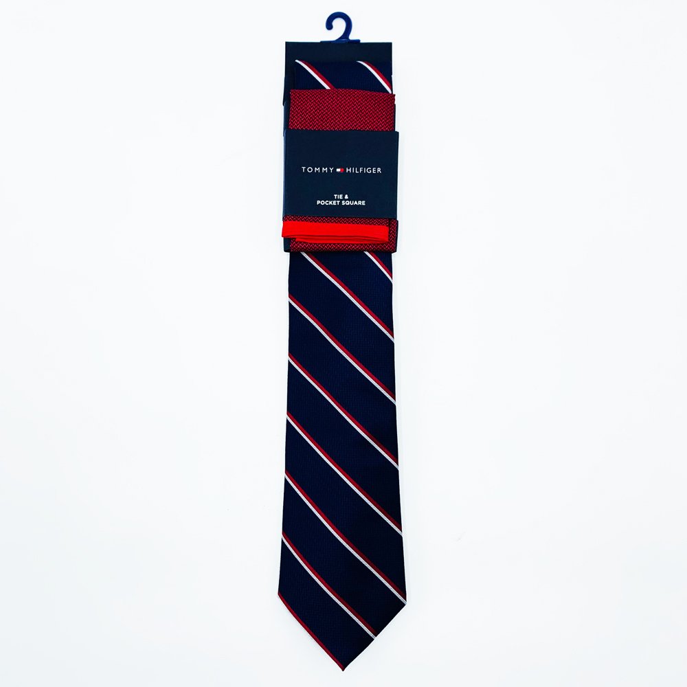 Set cà vạt + khăn Pocket Square Tommy Hilfiger Hilfiger Men's Stripes, Navy/Red