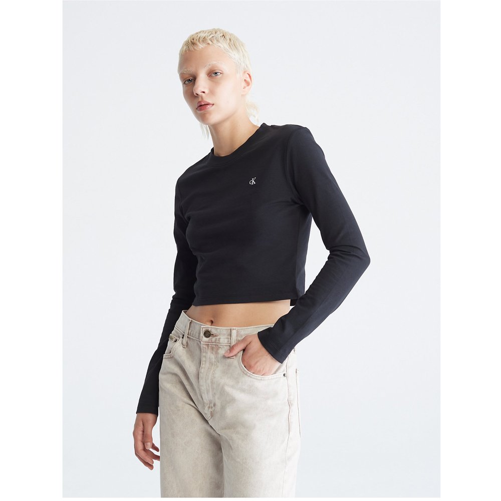 Áo Calvin Klein Monogram Logo Long Sleeve Crop Top - Black, Size S
