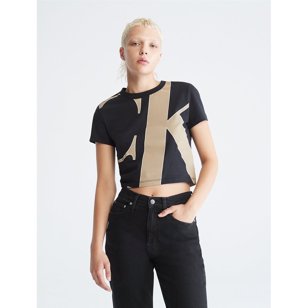 Áo Calvin Klein Slant Monogram Logo Cropped - Black, Size XS