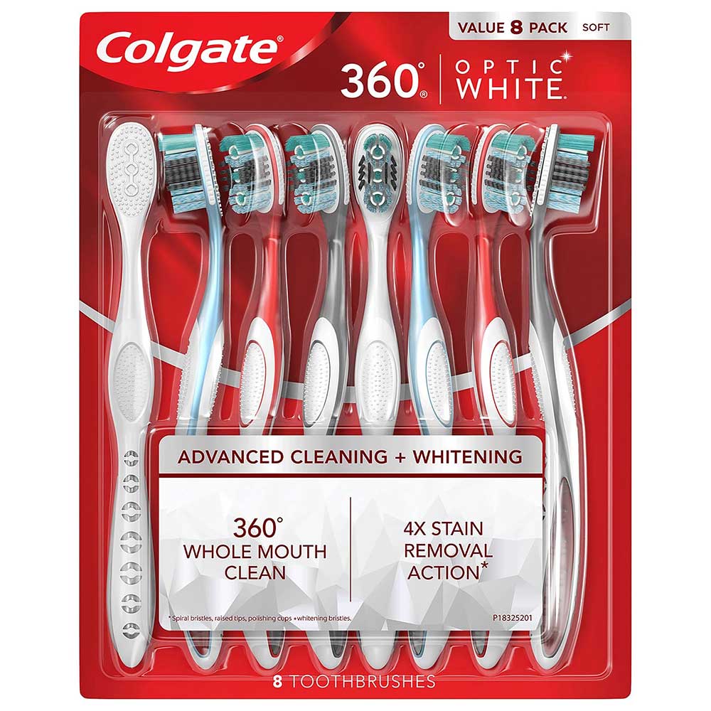 Bàn chải răng Colgate 360 Optic White - Soft, vỉ 8 cái