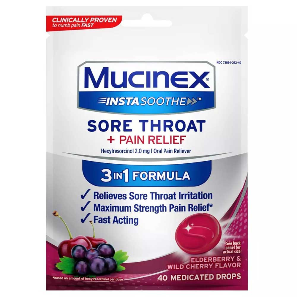 Kẹo ngậm Mucinex Instasoothe Sore Throat + Pain Relief, Elderberry & Wild Cherry, 40 viên