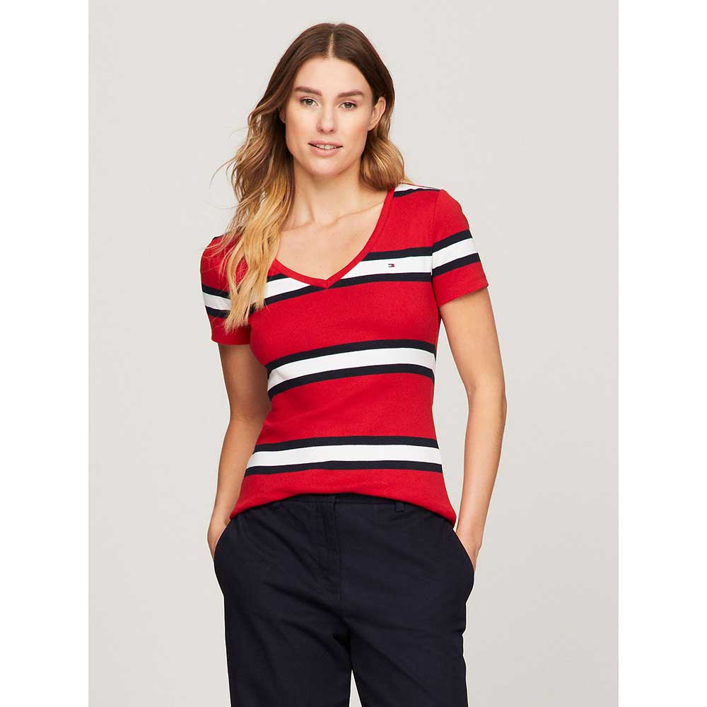 Áo Tommy Hilfiger Slim Fit Favorite Stripe V-Neck - Red Multi, Size L