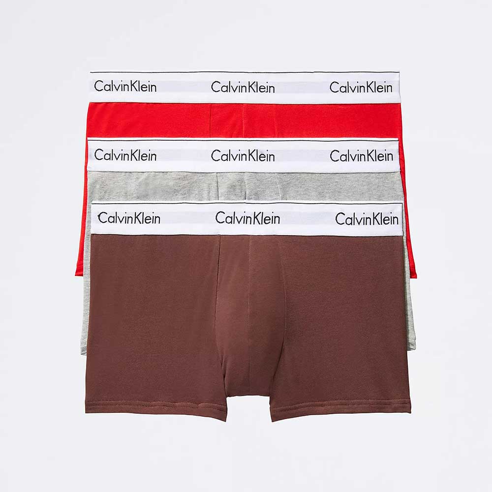 Set 3 quần Calvin Klein Modern Cotton Stretch Trunk - Grey Heather/Deep Mahogany/Rouge, Size XL