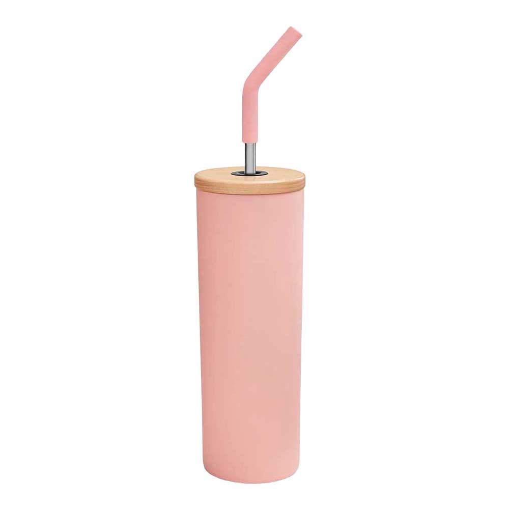 Ly giữ nhiệt Member's Mark Tumbler With Wood Lids And Stainless Steel Straws - Pink, 710ml