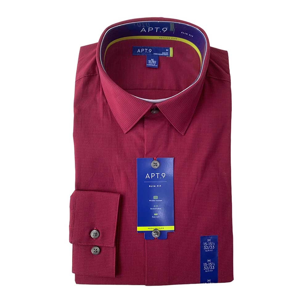 Áo Apt.9 Premier Flex Slim-Fit Wrinkle Resistant Dress Shirt - Burgundy Minicheck, Size 15 - 15 1/2 (32/33)