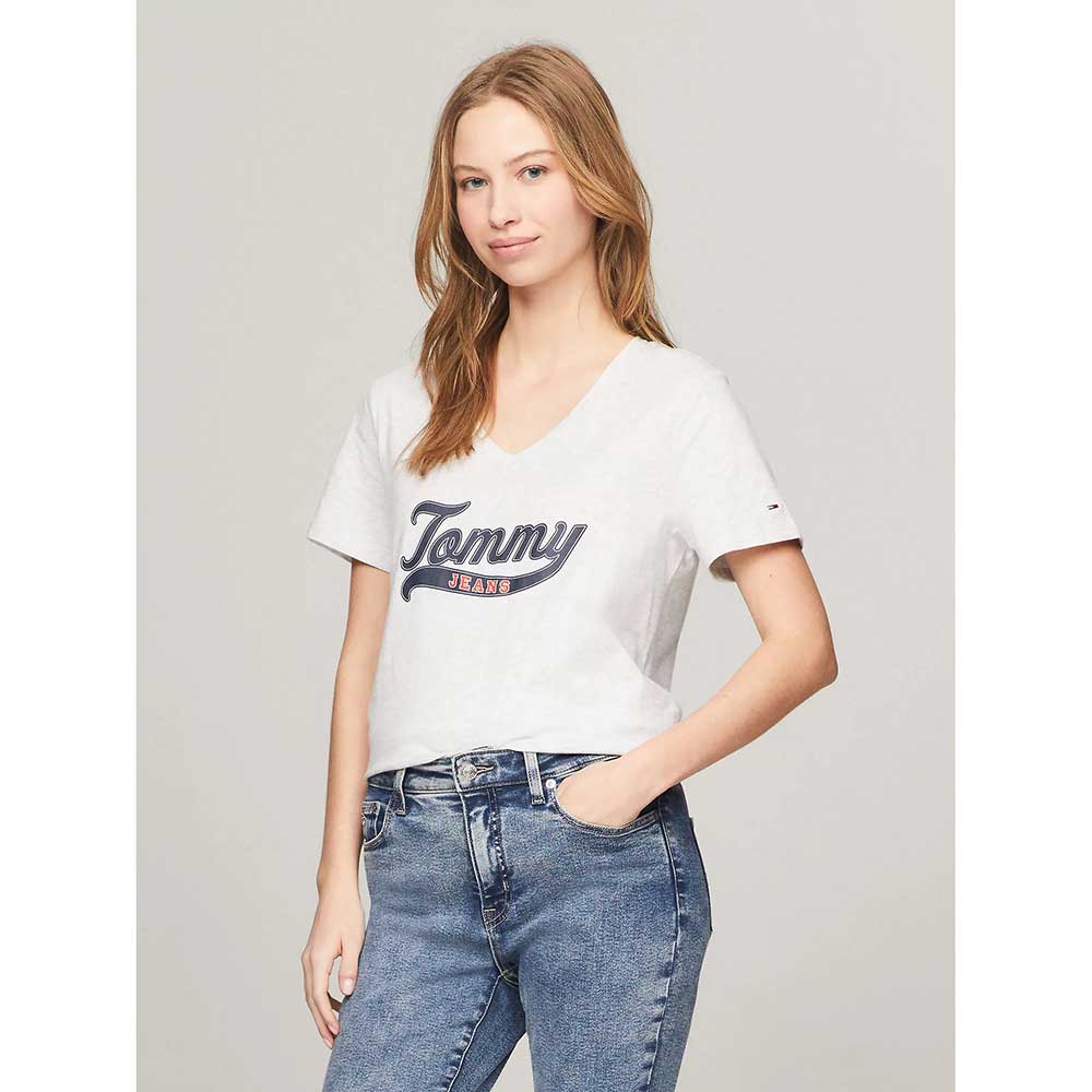 Áo Tommy Jeans Tommy Logo V-Neck - Ice Grey Heather, Size M