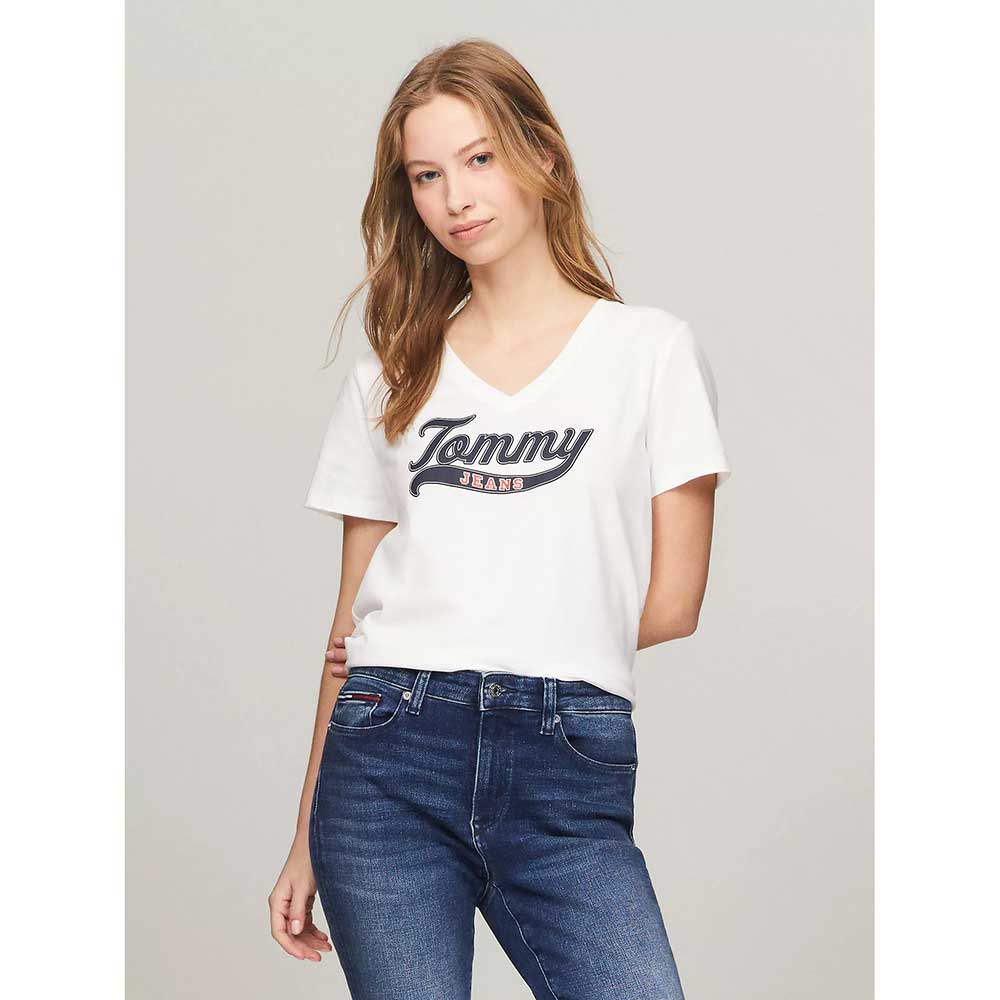 Áo Tommy Jeans Tommy Logo V-Neck - Fresh White, Size XS