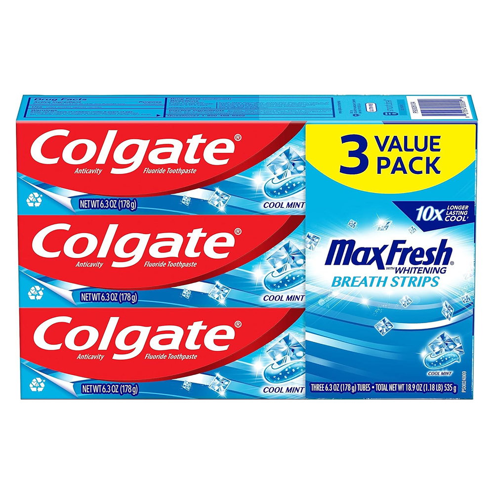 Set kem đánh răng Colgate Max Fresh With Whitening Breath Strips, 3 x 178g