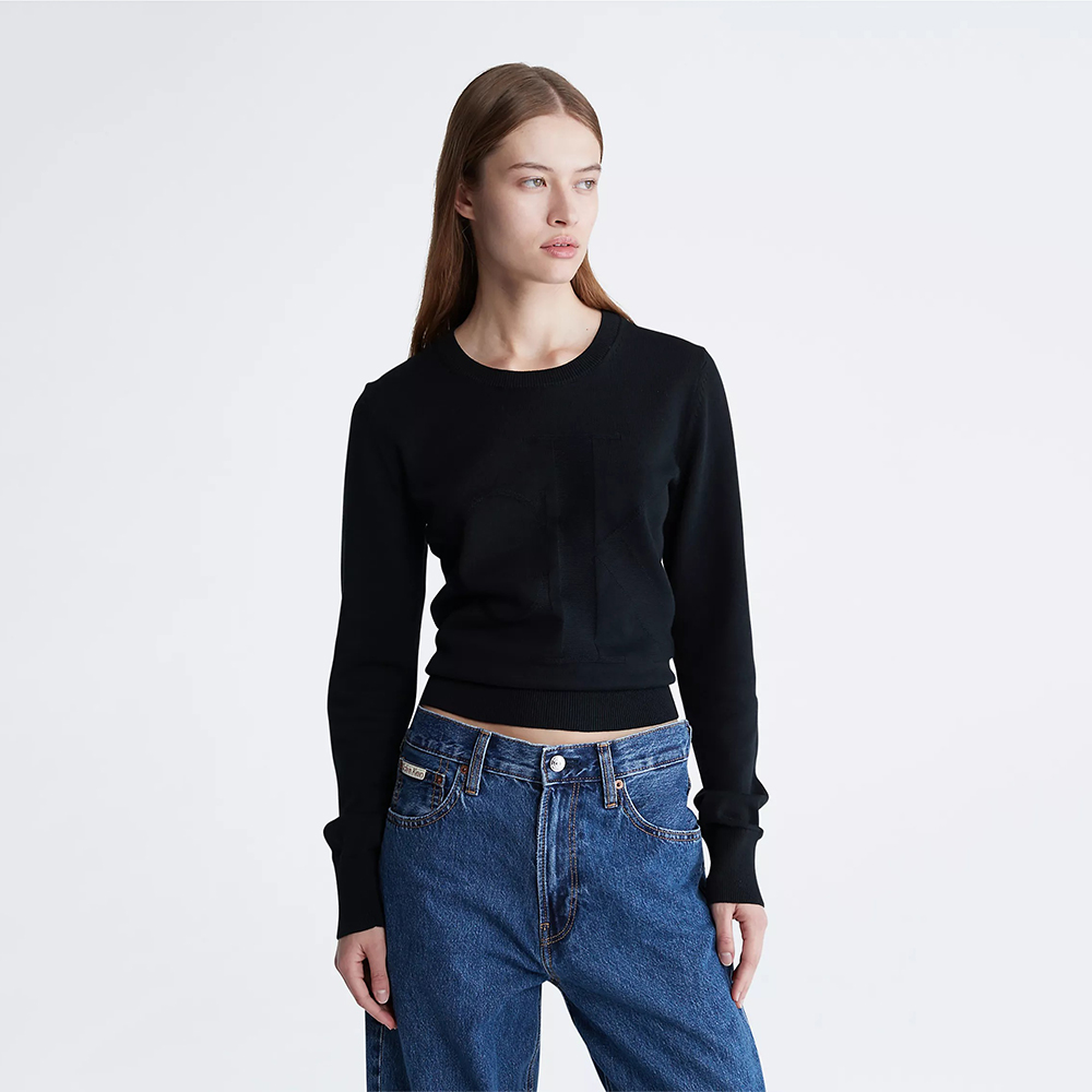 Áo Calvin Klein Smooth Cotton Monogram Logo Sweater - Black, Size S