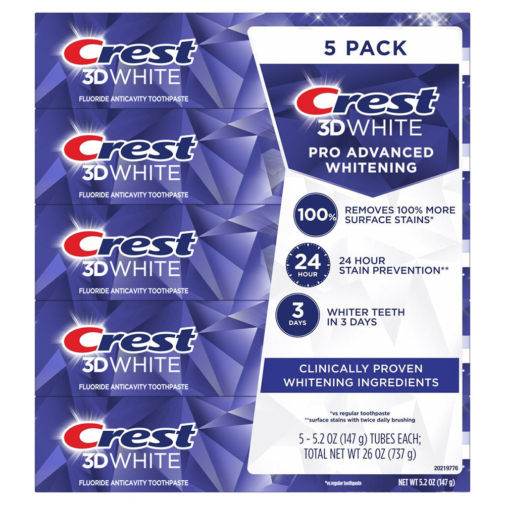 Set kem đánh răng Crest 3D White Advanced Whitening, 5 x 147g