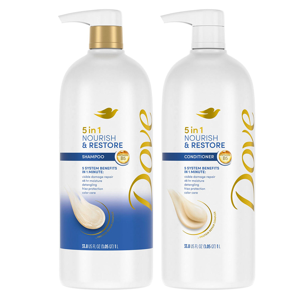 Bộ dầu gội + xả Dove Nourish & Restore 5in1, 2 x 1L