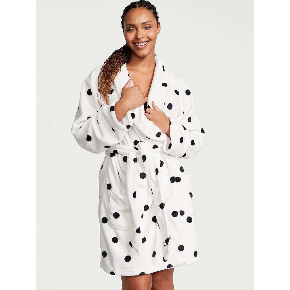 Áo choàng tắm Victoria's Secret Short Plush Robe - Black & White Dot, XL/XXL