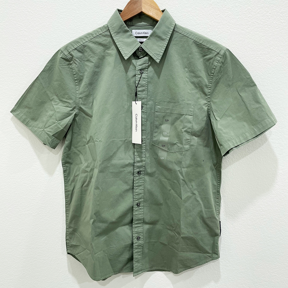 Áo Calvin Klein Cotton Blend Short Sleeve Classic Button-Down Shirt - Desert Sage, Size S