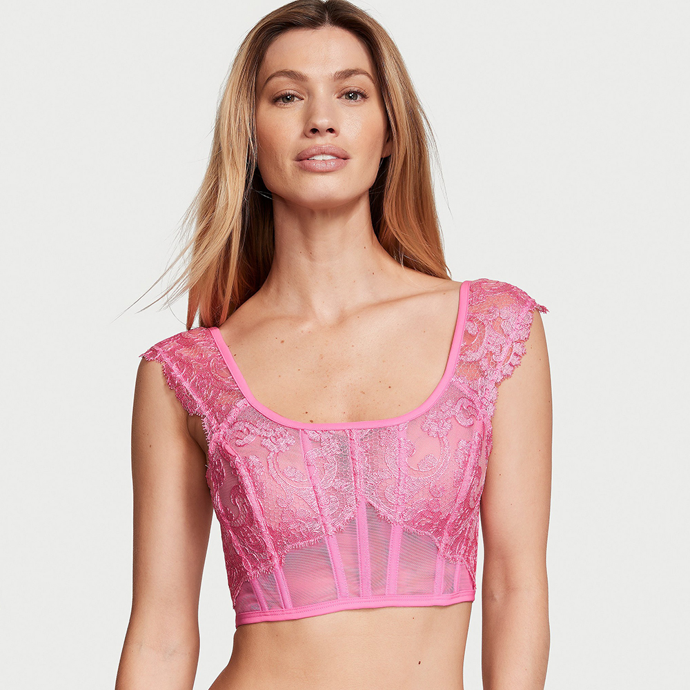 Áo Victoria's Secret Boho Floral Embroidery Cap-Sleeve Corset Top - Tickled Pink, Size M